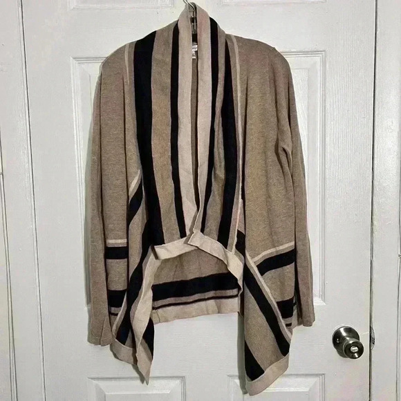 AUGUST SILK Open Front Striped Tan Cardigan | size Large - Picture 3 of 8